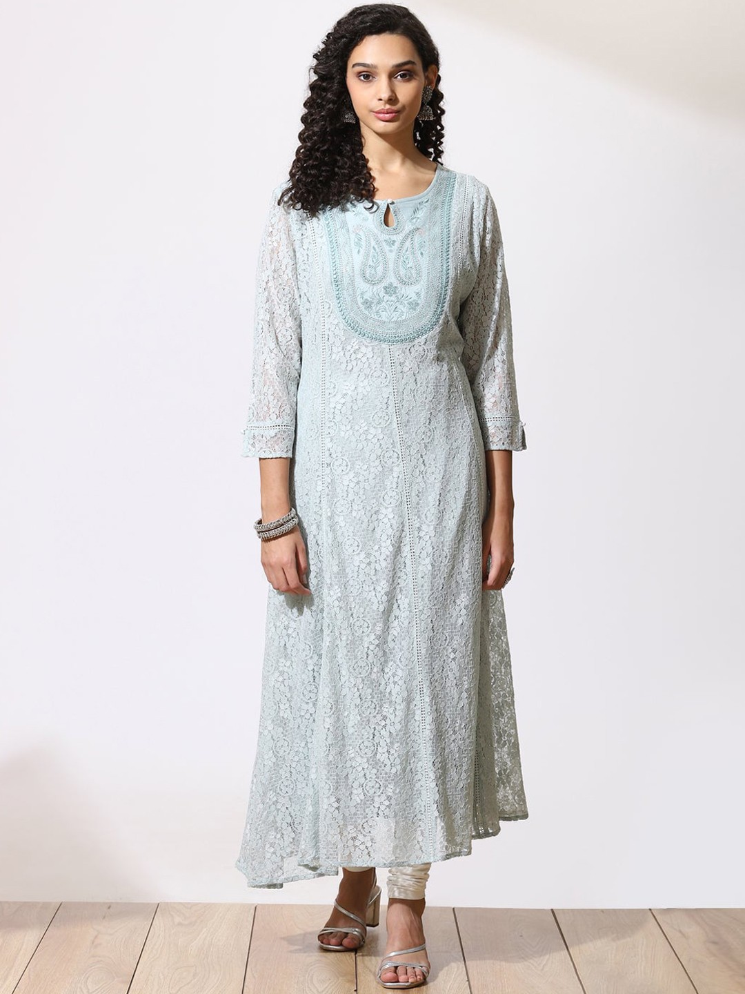 

Lakshita Women Green Striped Keyhole Neck Anarkali Kurta
