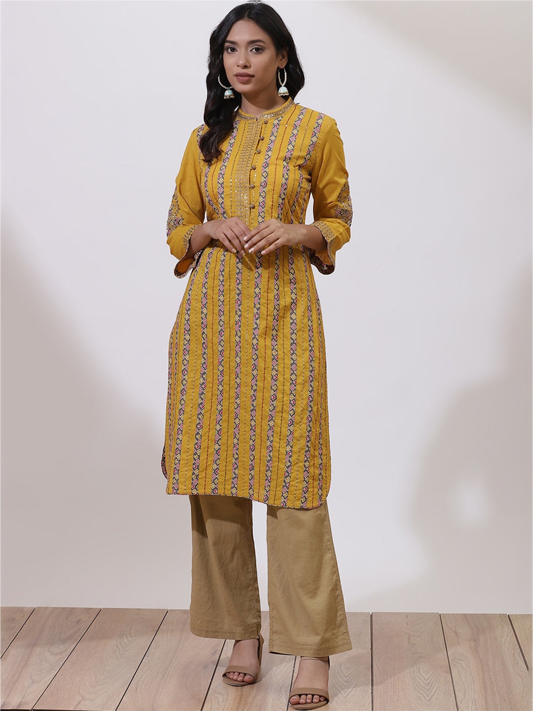 

Lakshita Women Mustard Yellow Ethnic Motifs Printed Thread Work Kurta