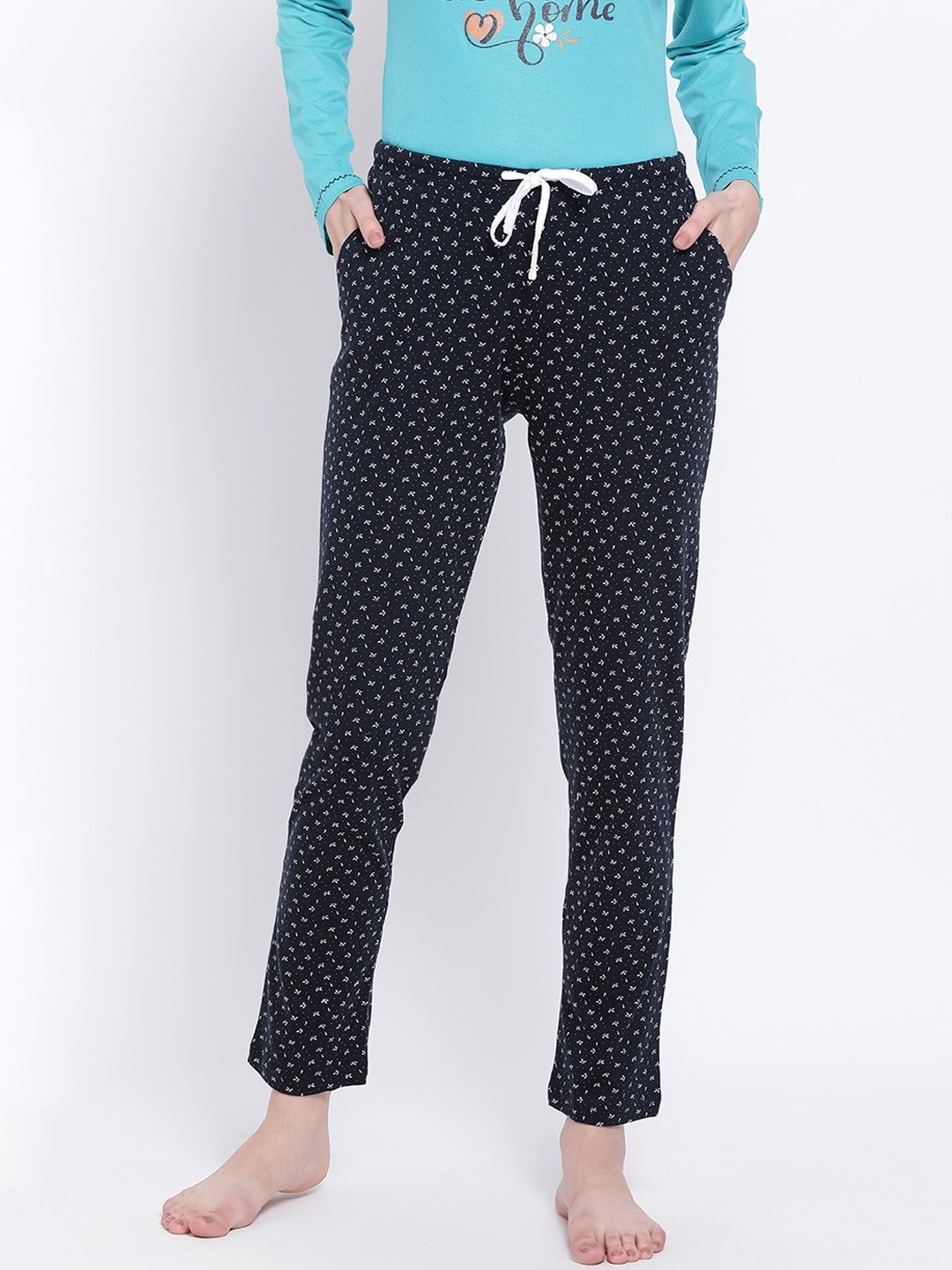 

Kanvin Women Navy Blue & White Printed Cotton Lounge Pants