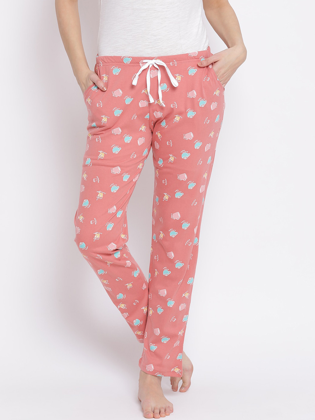 

Kanvin Women Coral Pink Printed Cotton Lounge Pants