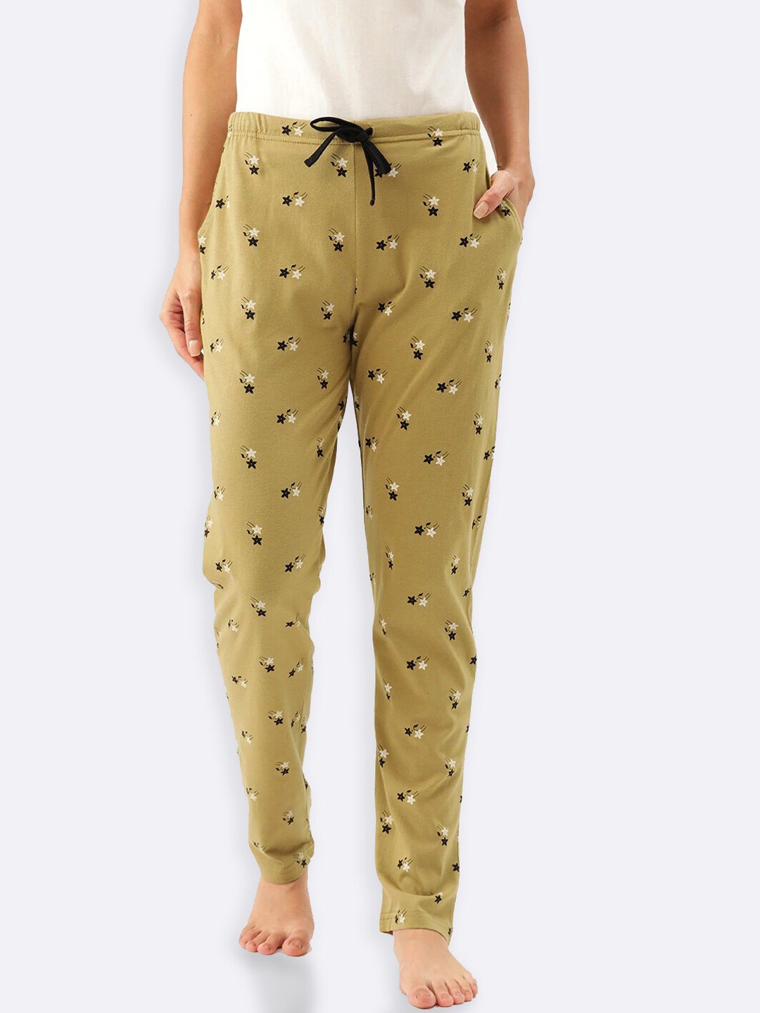

Kanvin Women Olive Green & Black Printed Pure Cotton Lounge Pants