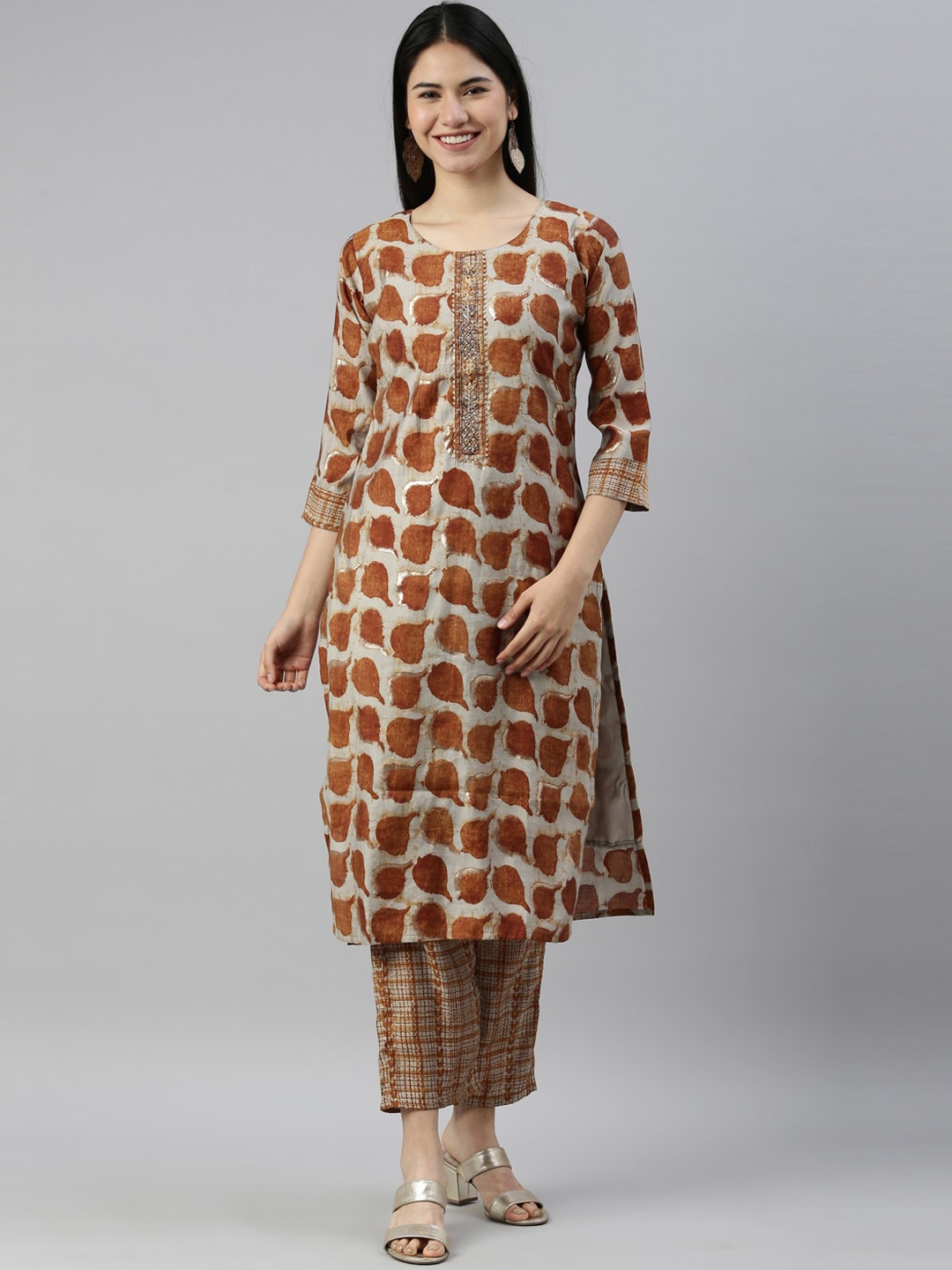 

Neerus Women Brown Printed Panelled Gotta Patti Kurti with Trousers