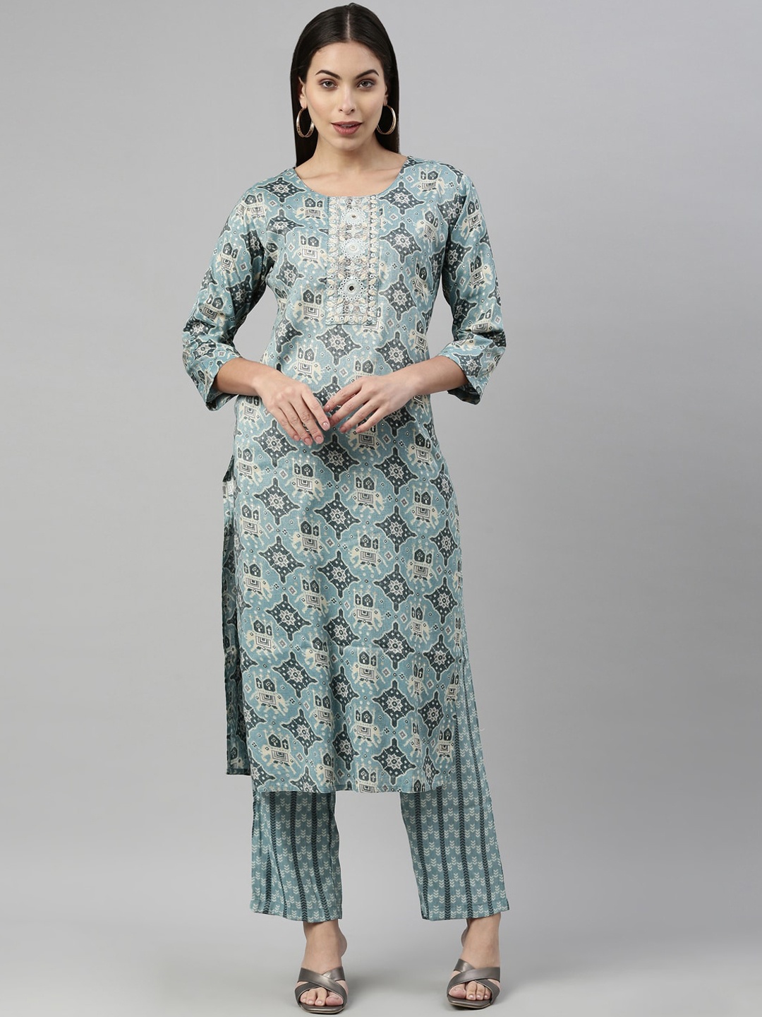 

Neerus Women Blue Printed Panelled Thread Work Kurti with Trousers