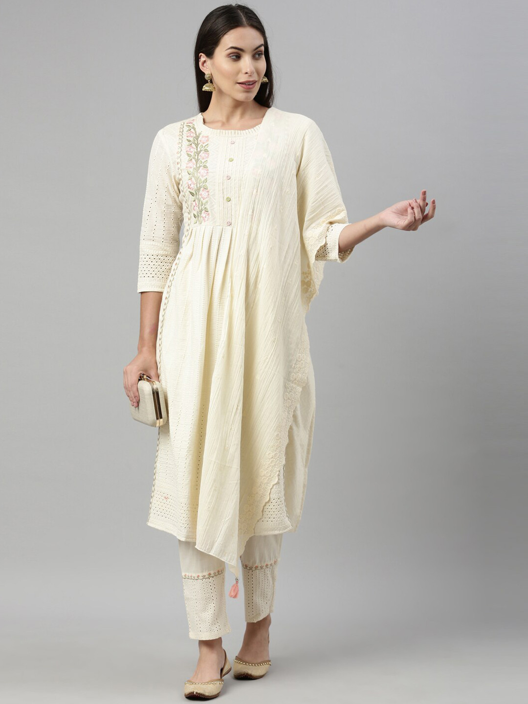 

Neerus Women Cream-Coloured Yoke Design Pleated Aari Work Pure Cotton Kurti with Trousers