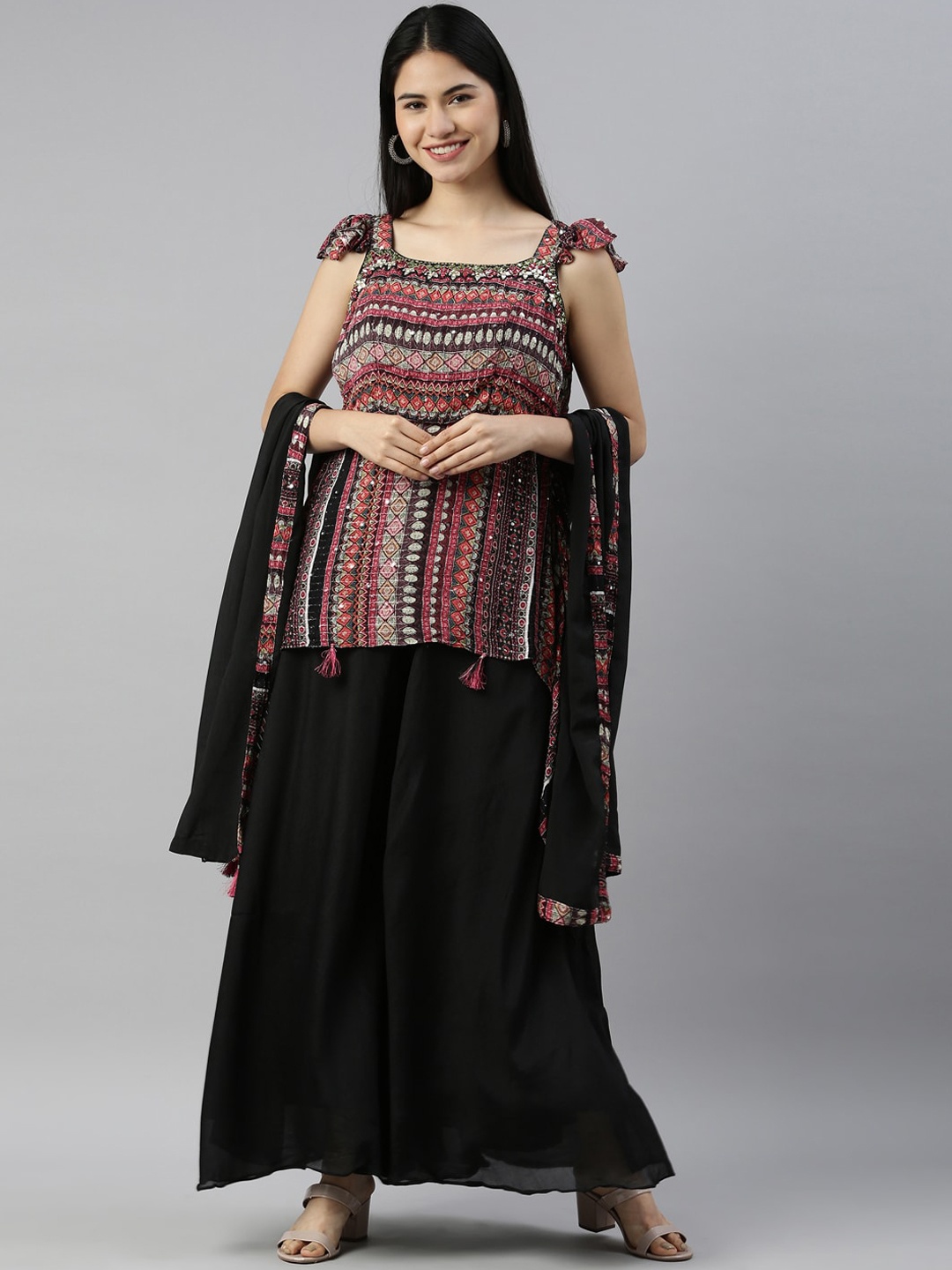 

Neerus Women Black Embroidered Empire Thread Work Kurti with Sharara & With Dupatta