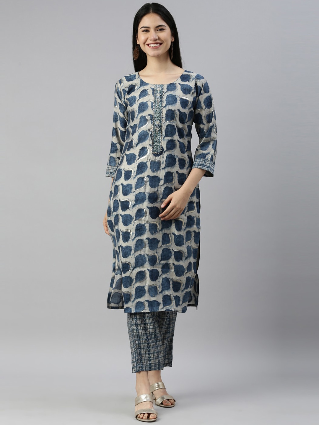 

Neerus Women Blue Printed Pleated Gotta Patti Kurti with Trousers