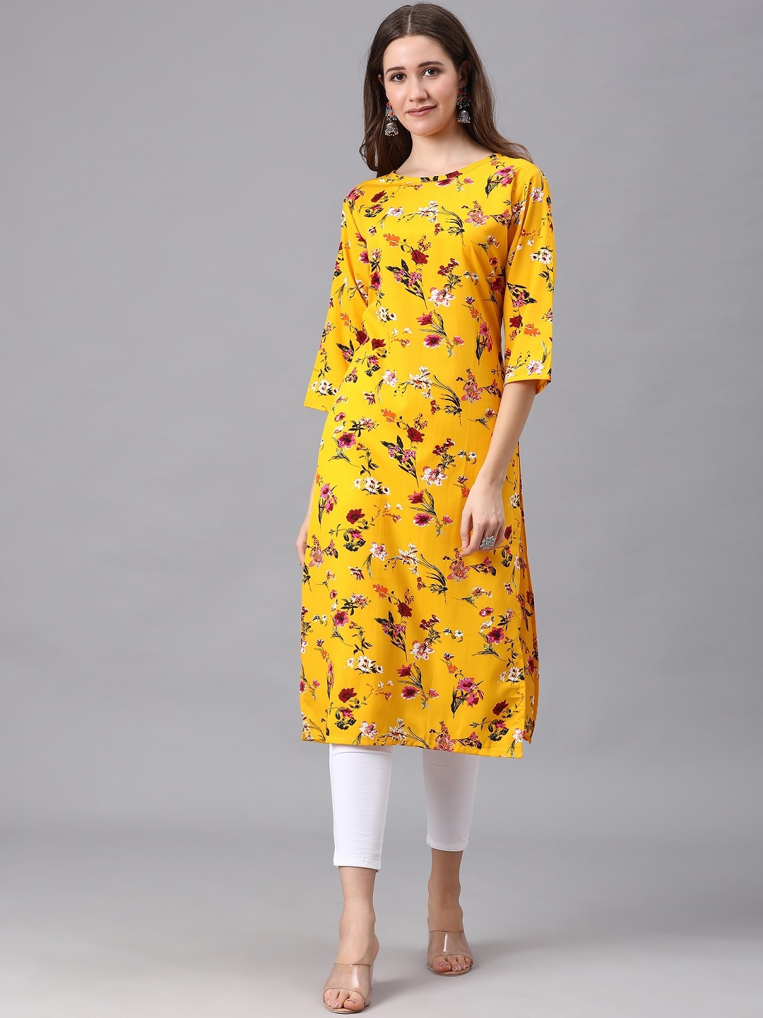 

Lookmark Women Yellow Floral Printed Handloom Crepe Kurta