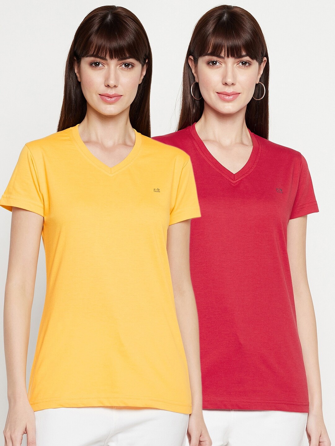 

Okane Women Yellow 2 V-Neck Applique T-shirt