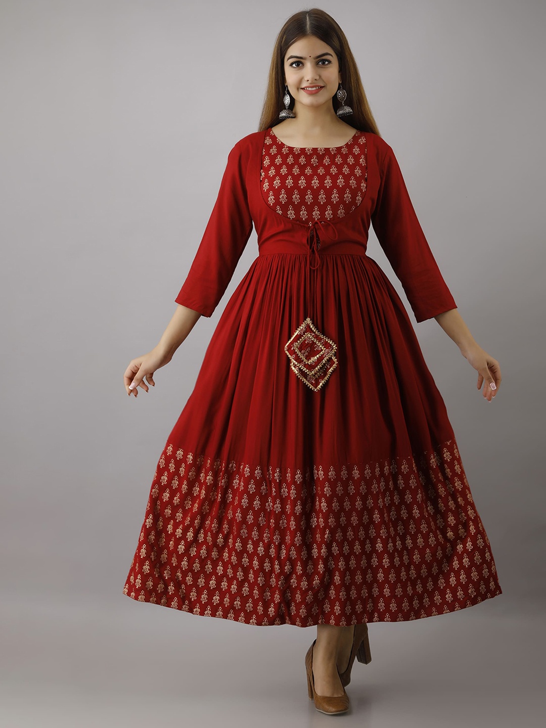 

KIMAYRA Women Maroon Ethnic Motifs Printed Flared Sleeves Anarkali Kurta