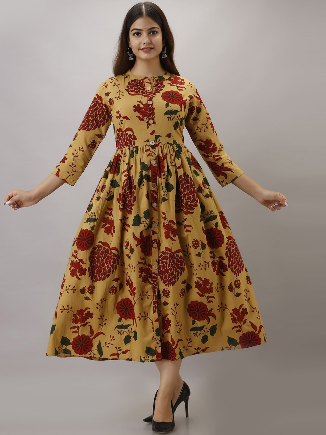 

KIMAYRA Women Brown Floral Printed Cold-Shoulder Sleeves Anarkali Kurta