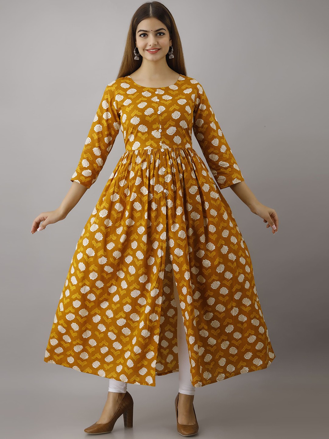 

KIMAYRA Women Mustard Yellow Floral Yoke Design Flared Sleeves Thread Work Anarkali Kurta
