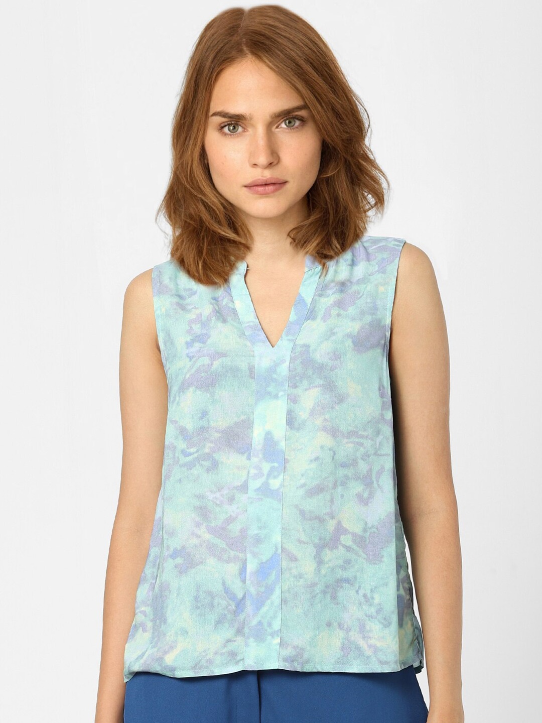 

Vero Moda Blue Print Mandarin Collar Top