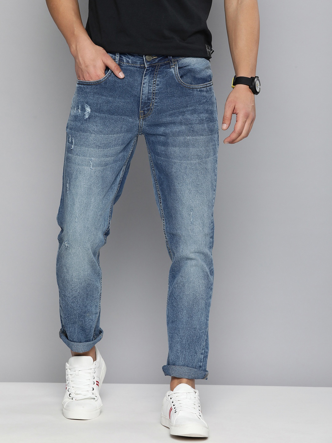 

Mast & Harbour Men Blue Slim Fit Low Distress Heavy Fade Stretchable Jeans