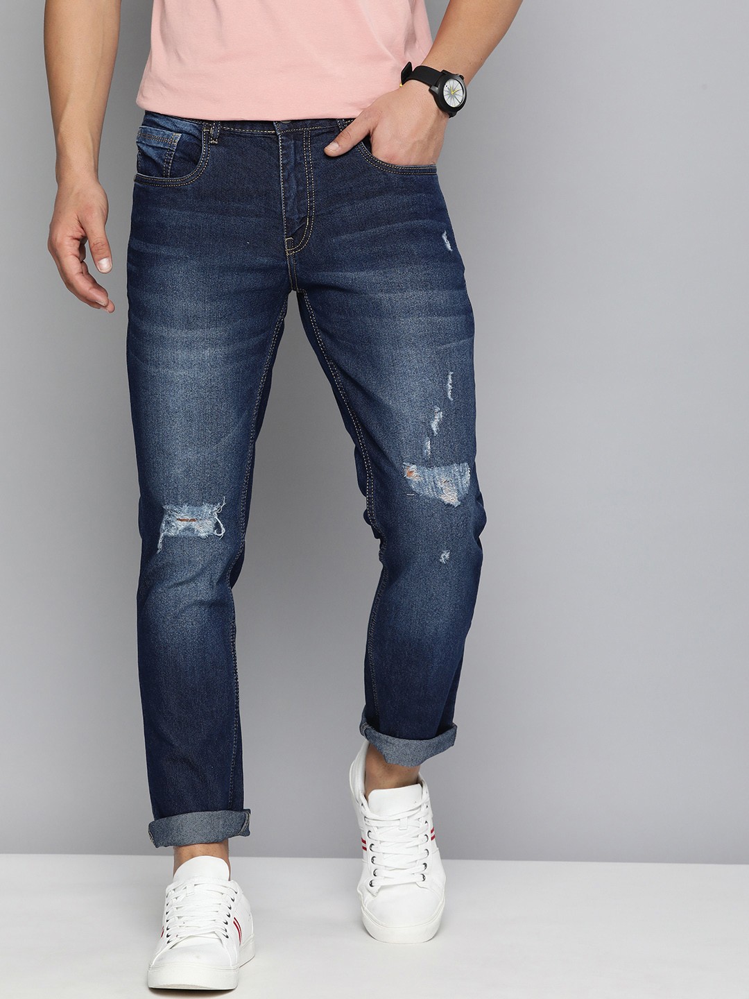 

Mast & Harbour Men Blue Slim Fit Mildly Distressed Light Fade Stretchable Jeans