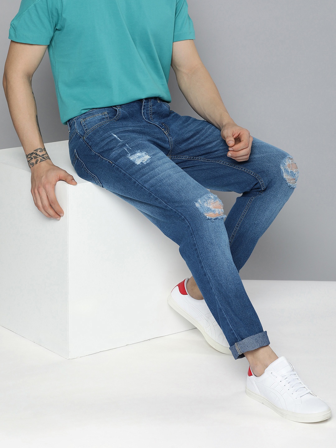 

Mast & Harbour Men Blue Slim Fit Highly Distressed Heavy Fade Stretchable Jeans