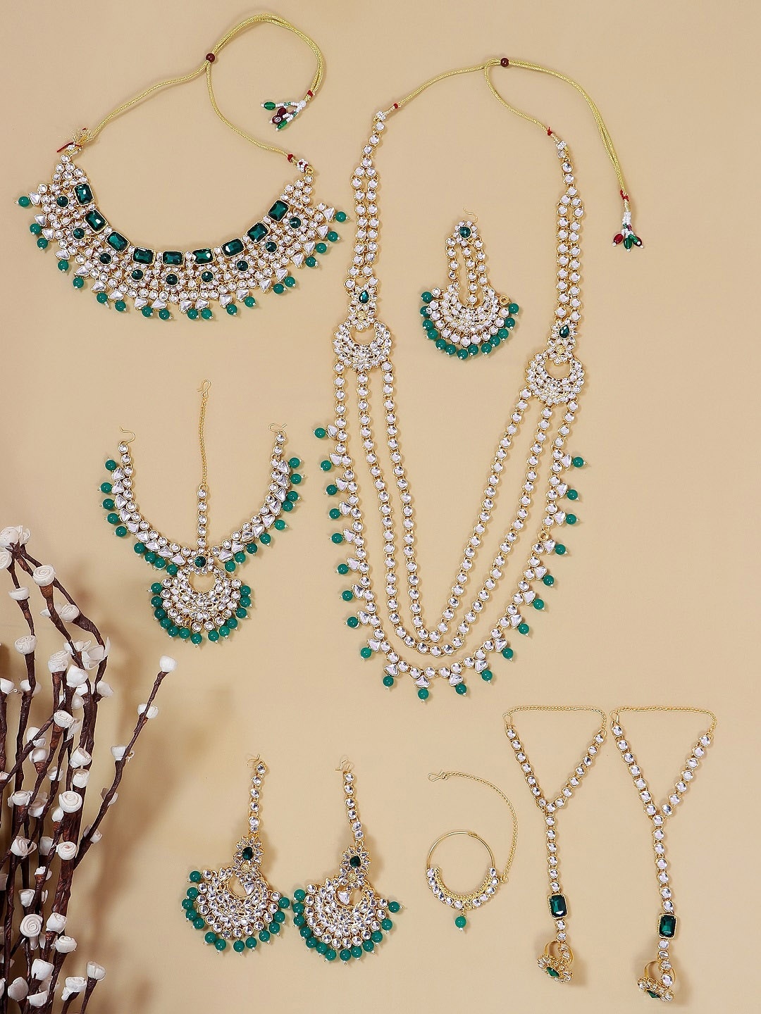

Crunchy Fashion Gold-Plated Green Kundan Studded Bridal Jewellery Set