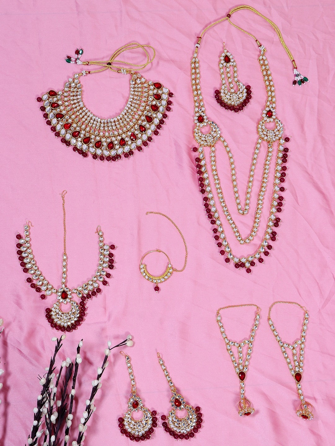 

Crunchy Fashion Women Red Traditional Gold-Plated Latest Kundan Pearl Bridal Dulhan Jewellery Set