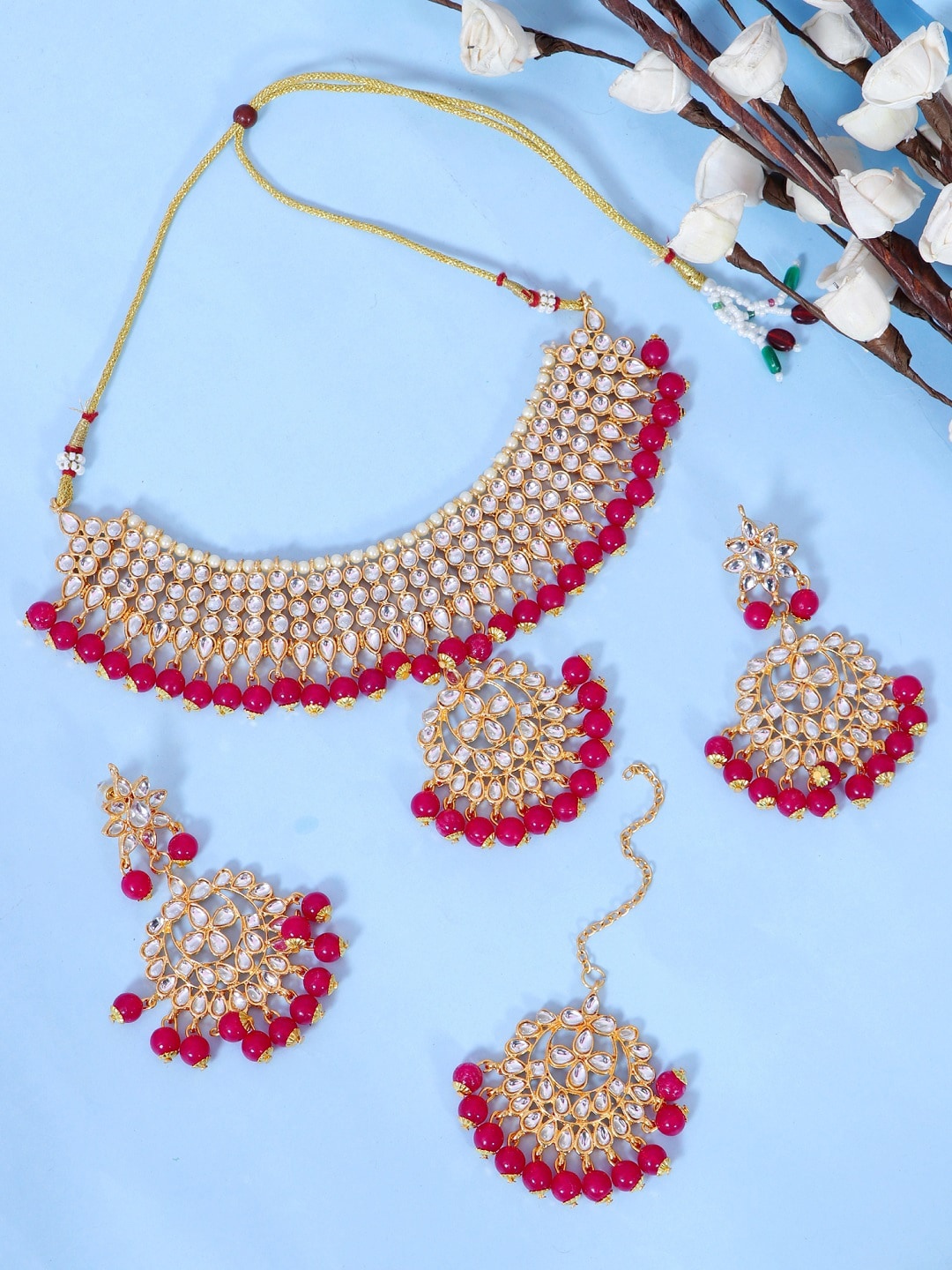 

Crunchy Fashion Gold-Plated Red Stone-Studded & Beaded Jewellery Set