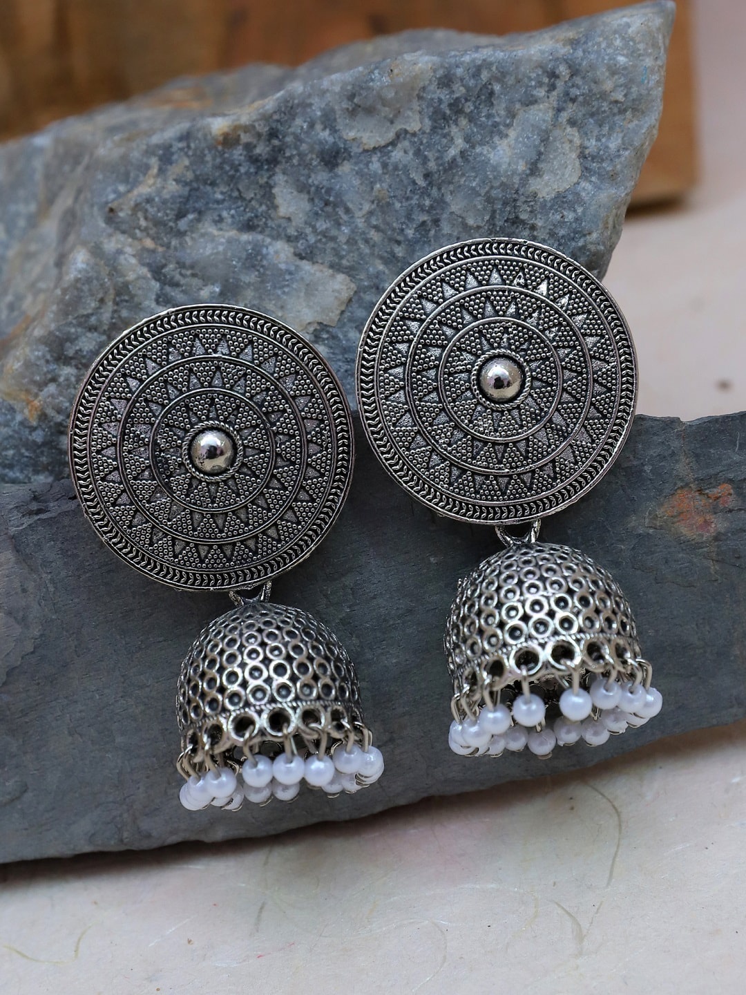 

Crunchy Fashion Silver-Toned Contemporary Jhumkas Earrings