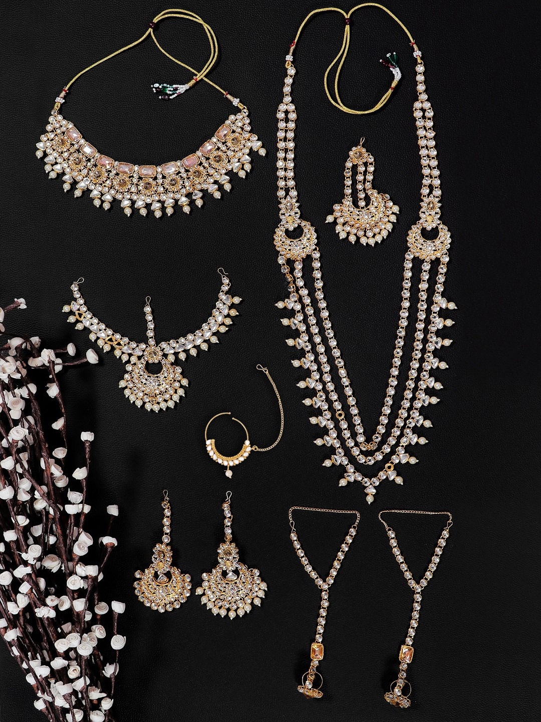

Crunchy Fashion Gold-Plated Gold & White Kundan Studded & Beaded Jewellery Set