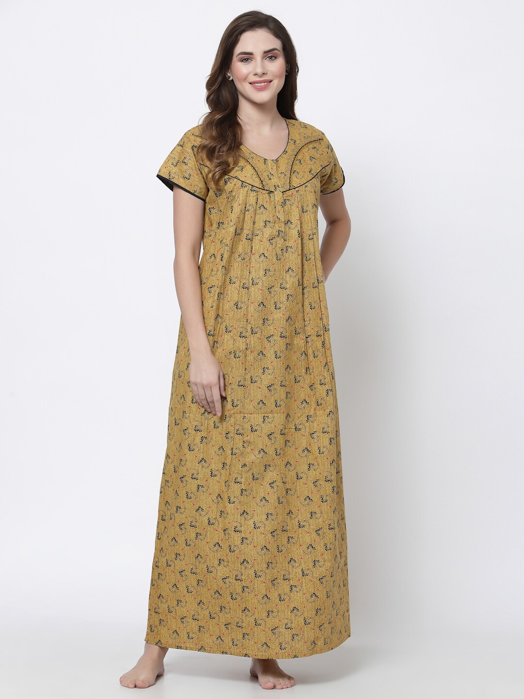 

Sweet Dreams Mustard Printed Maxi Nightdress