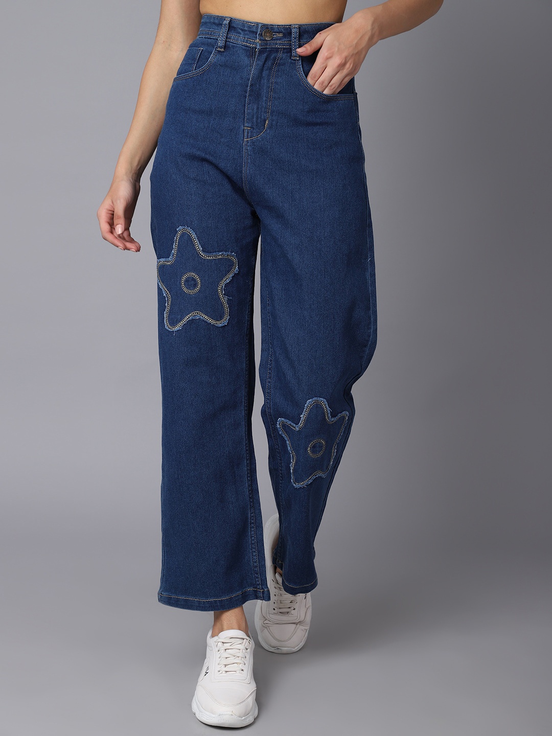 

River Of Design Jeans Women Blue Wide Leg High-Rise Low Distress Jeans