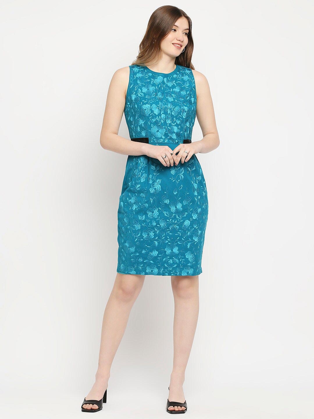 

aaliya Turquoise Blue Floral Sheath Dress