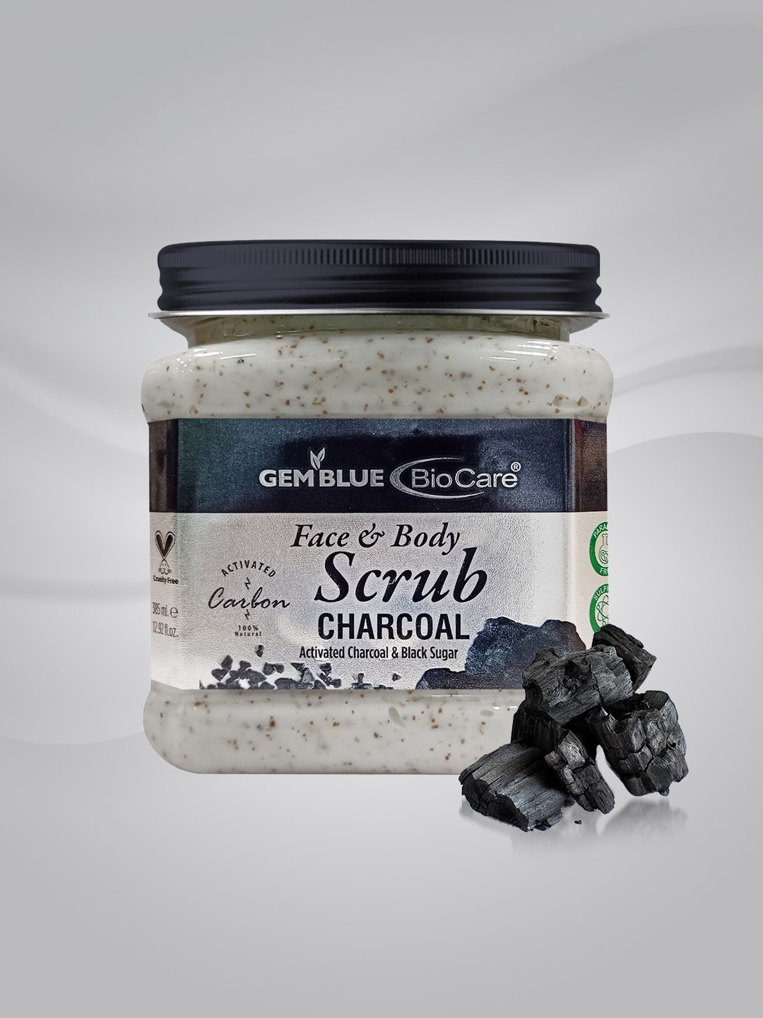 

GEMBLUE BioCare Paraben Free Charcoal Face & Body Scrub with Black Sugar - 385 ml, Navy blue
