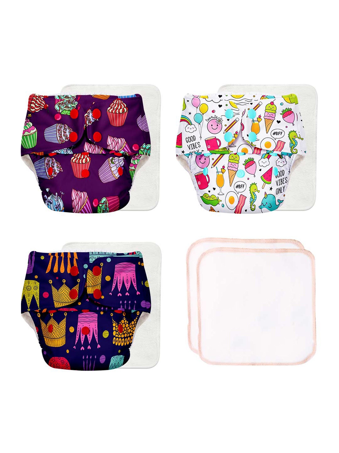 

SuperBottoms Infants Set of 3 Printed Reusable Cotton Cloth Diapers & 2 Multipurpose Cloth, Purple