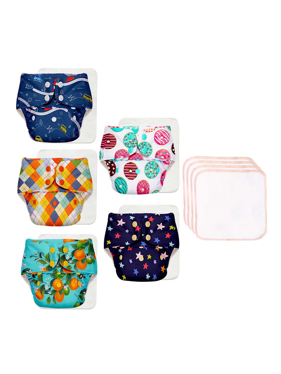 

SuperBottoms Kids Pack of 5 Printed Cotton Reusable Cloth Diapers, Multi