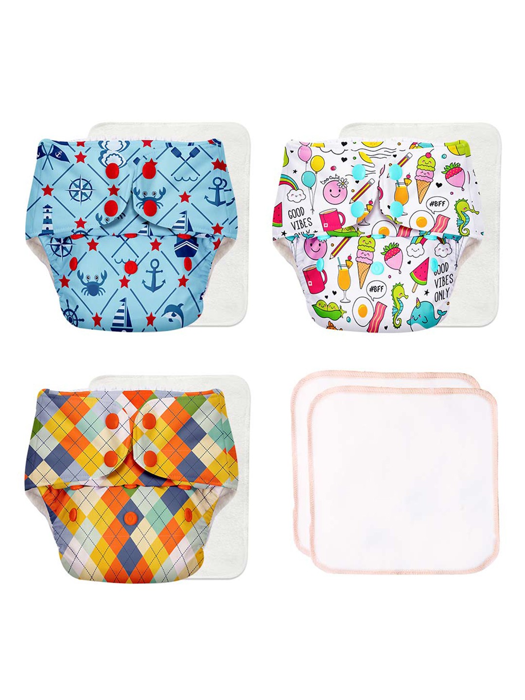 

SuperBottoms Infants Set of 3 Printed Reusable Cotton Cloth Diapers & 2 Multipurpose Cloth, Blue