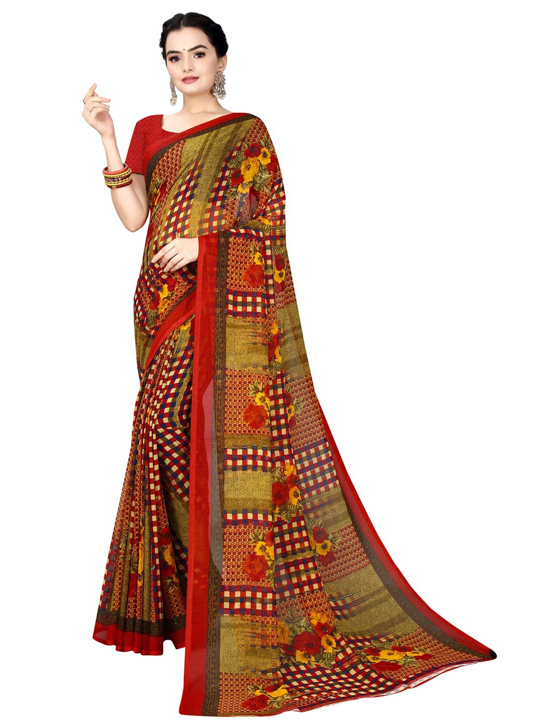 

SAADHVI Red & Yellow Floral Pure Georgette Bandhani Saree