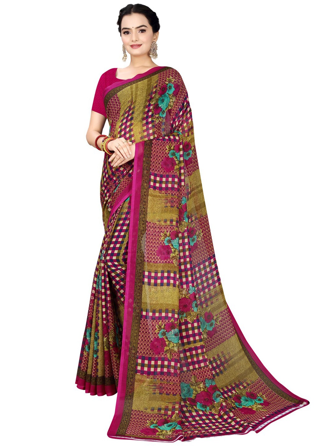 

SAADHVI Pink & Blue Floral Pure Georgette Bandhani Saree