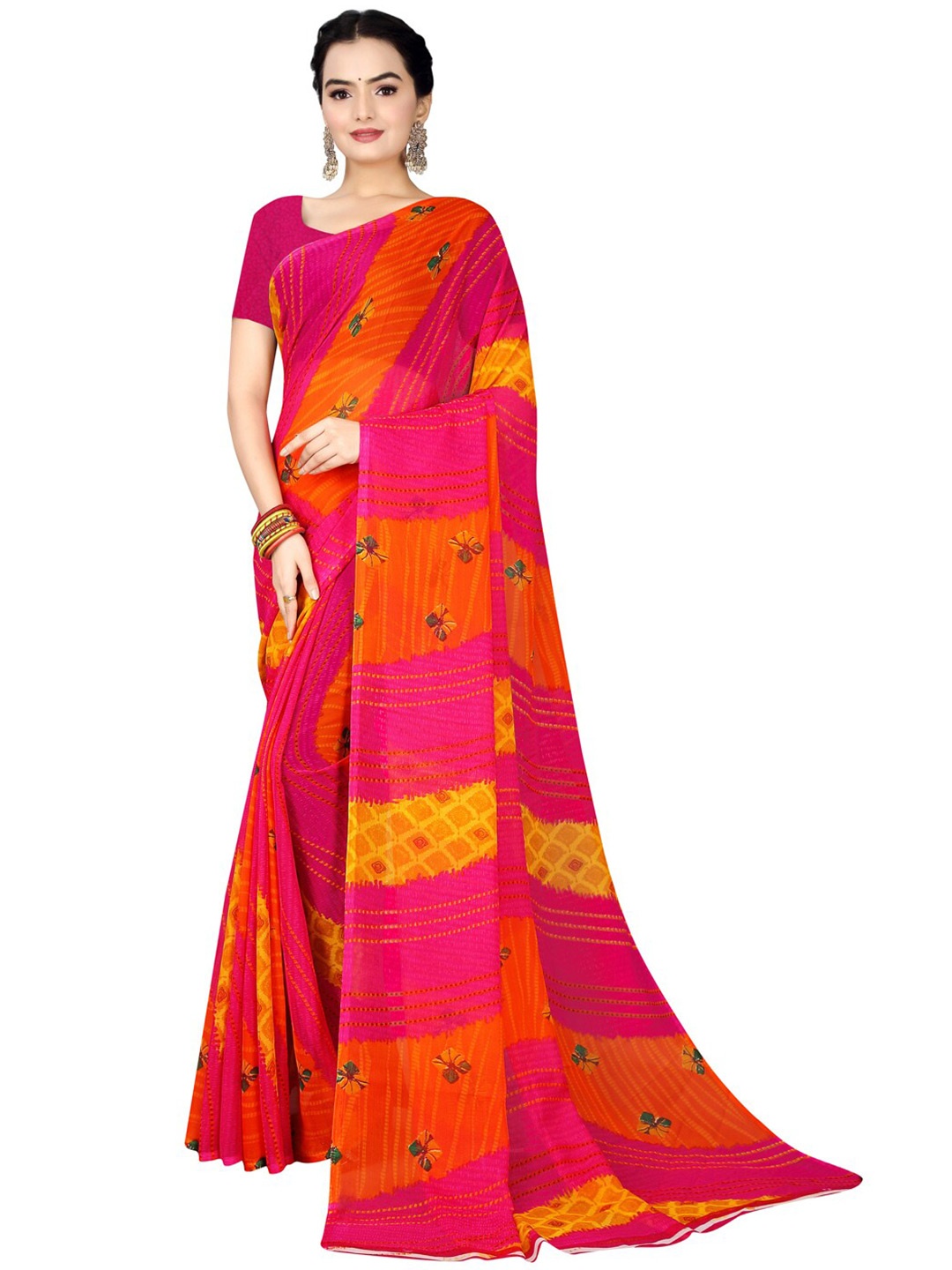 

SAADHVI Pink & Yellow Bandhani Pure Georgette Bandhani Saree