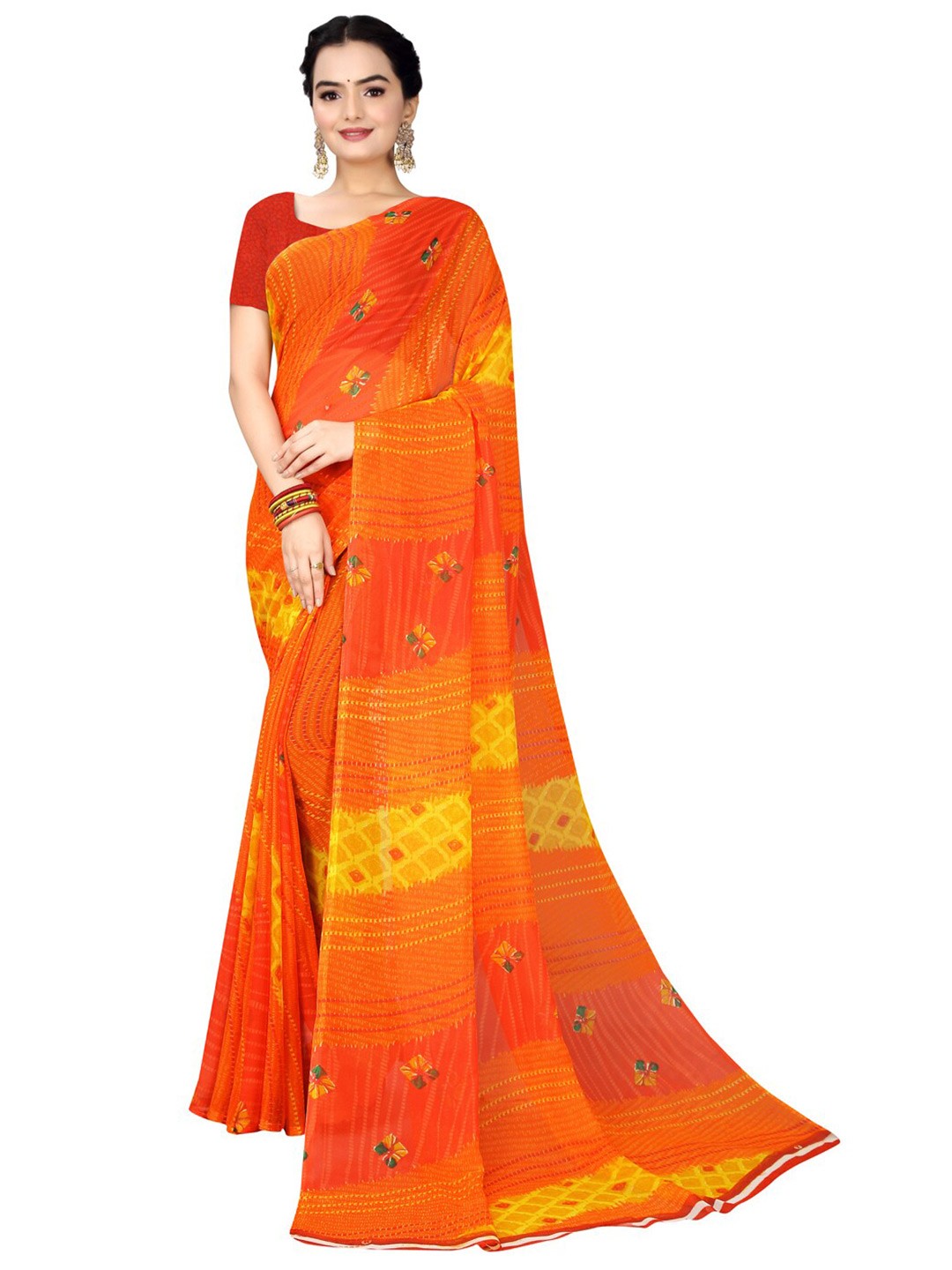 

SAADHVI Orange & Yellow Bandhani Pure Georgette Bandhani Saree
