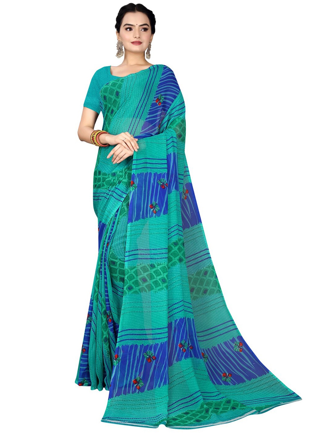 

SAADHVI Sea Green & Blue Bandhani Pure Georgette Bandhani Saree