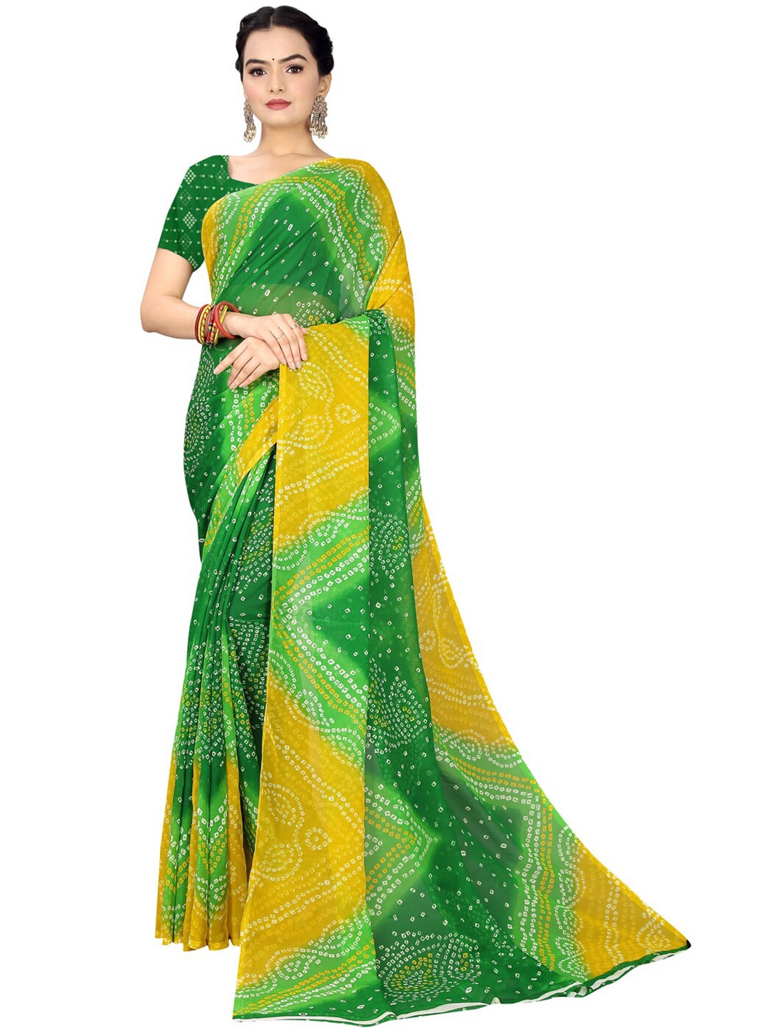 

SAADHVI Green & Yellow Bandhani Pure Georgette Bandhani Saree