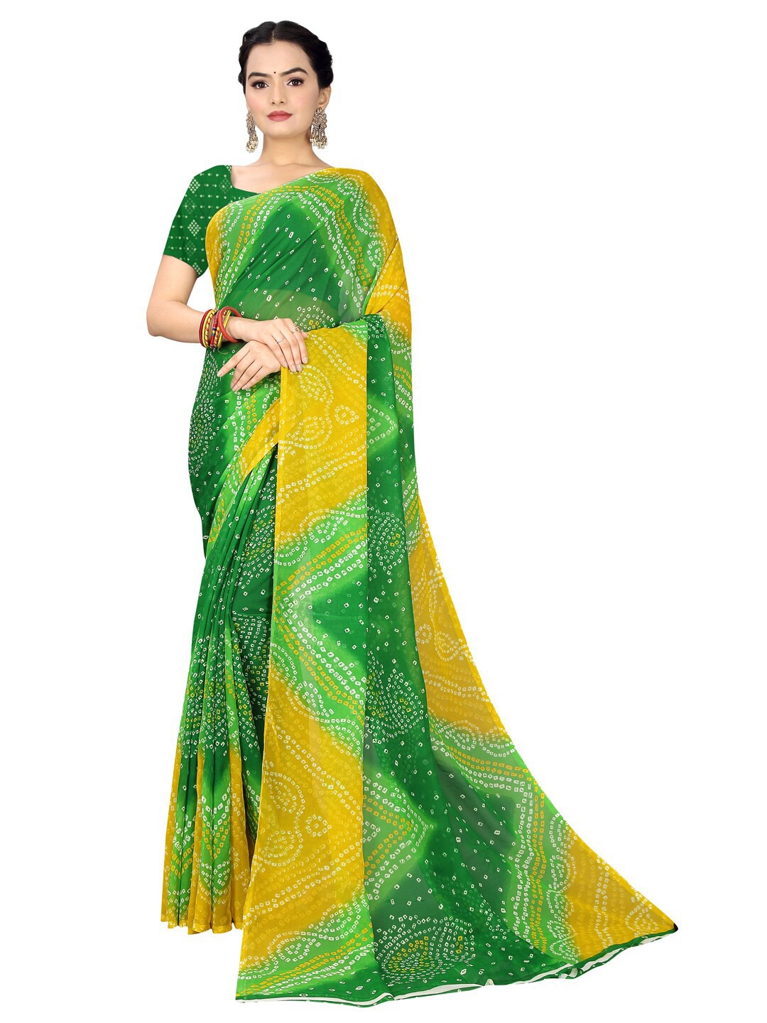 

Florence Green & Yellow Bandhani Pure Georgette Bandhani Saree