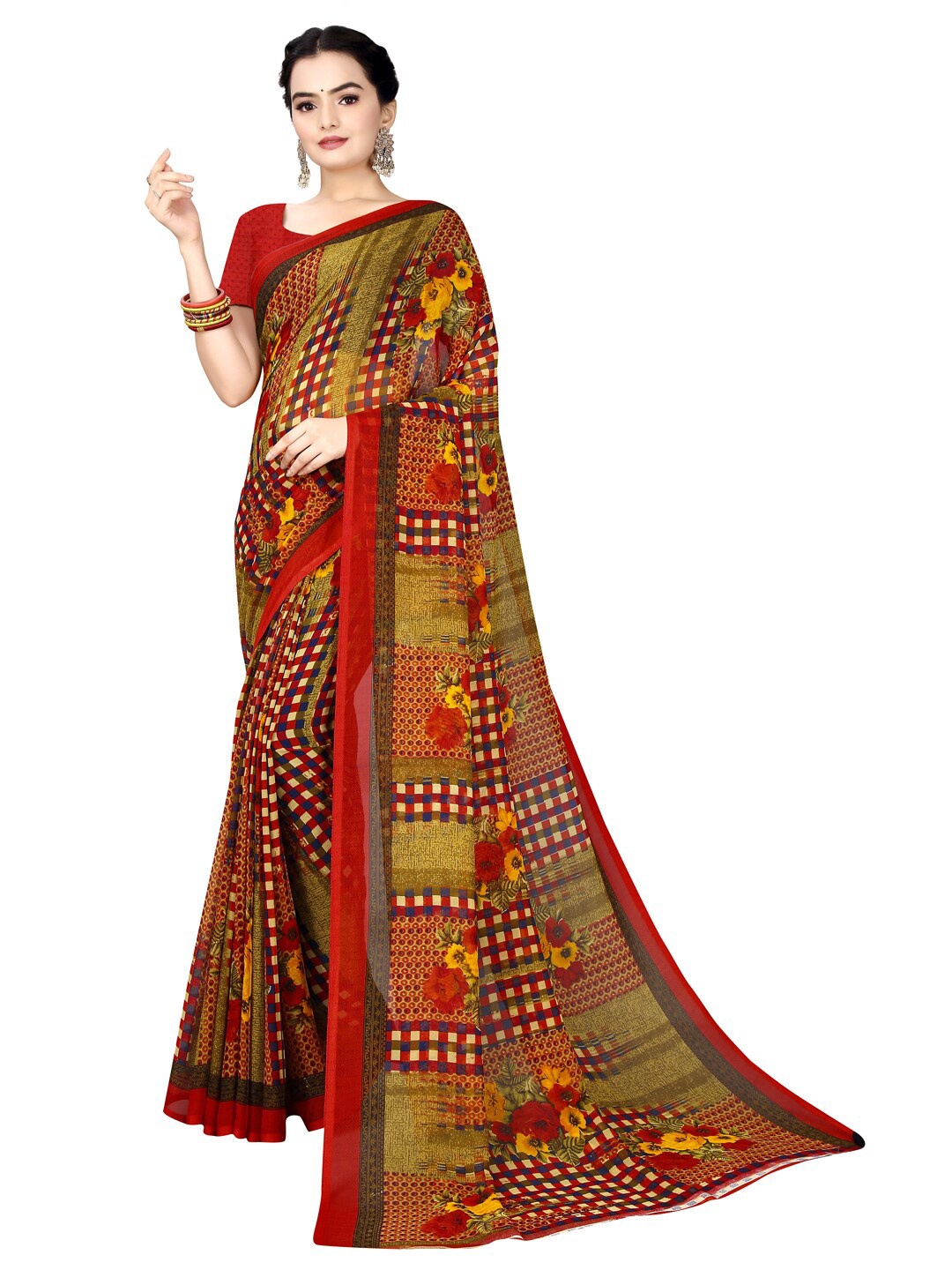 

Florence Red & Yellow Floral Pure Georgette Bandhani Saree