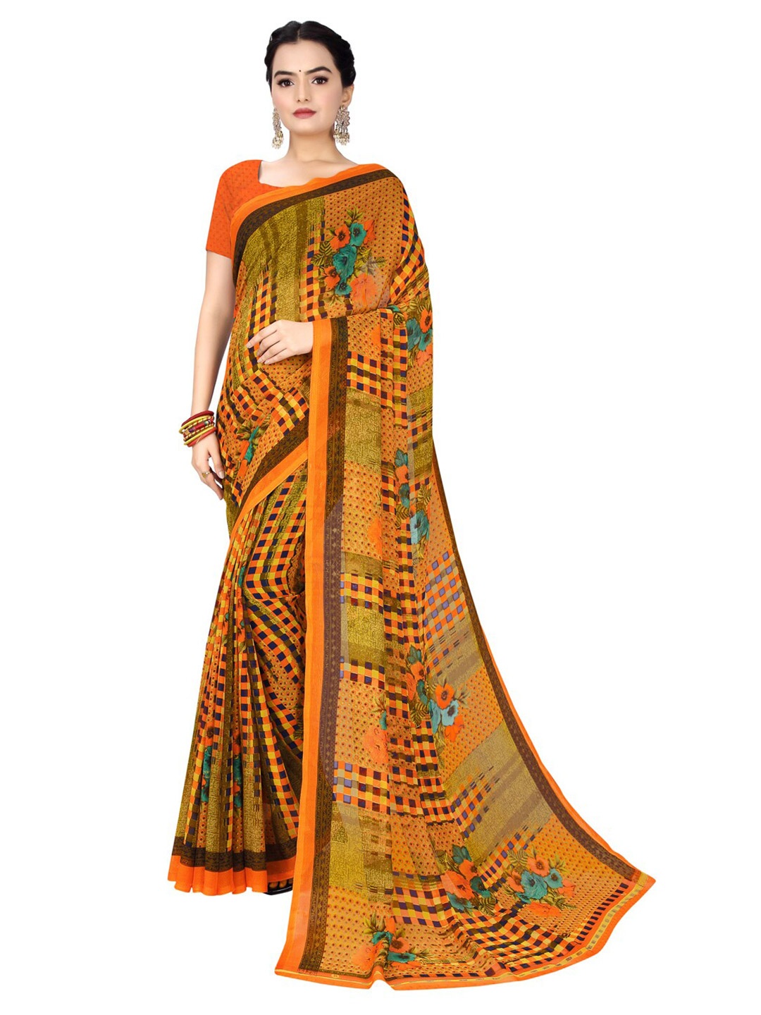

Florence Orange & Green Floral Pure Georgette Bandhani Saree