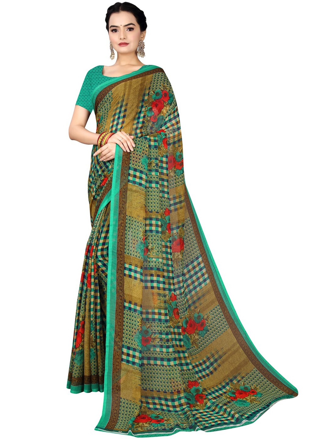 

Florence Sea Green & Red Floral Pure Georgette Bandhani Saree