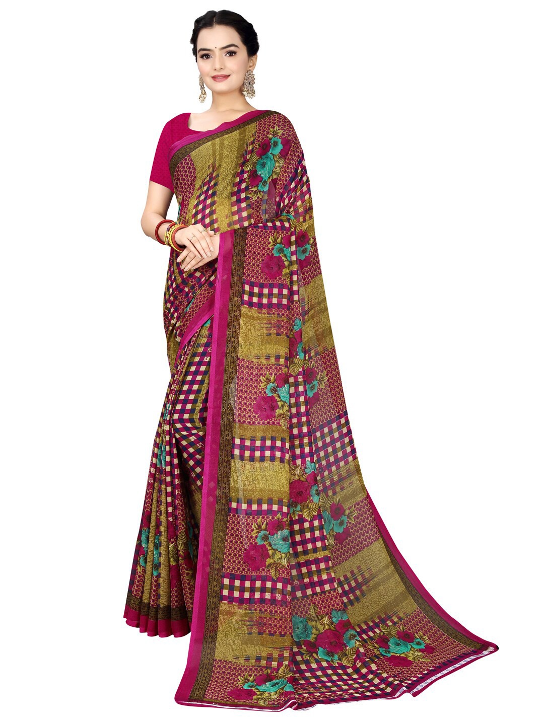 

Florence Pink & Blue Floral Pure Georgette Bandhani Saree
