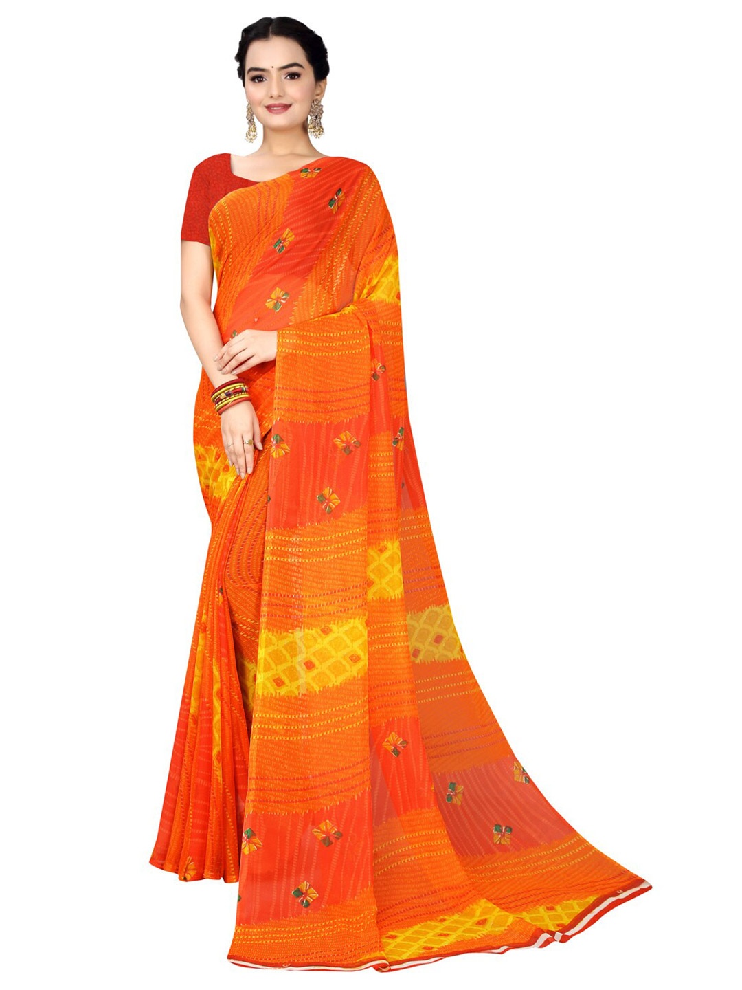 

Florence Orange & Green Bandhani Pure Georgette Bandhani Saree