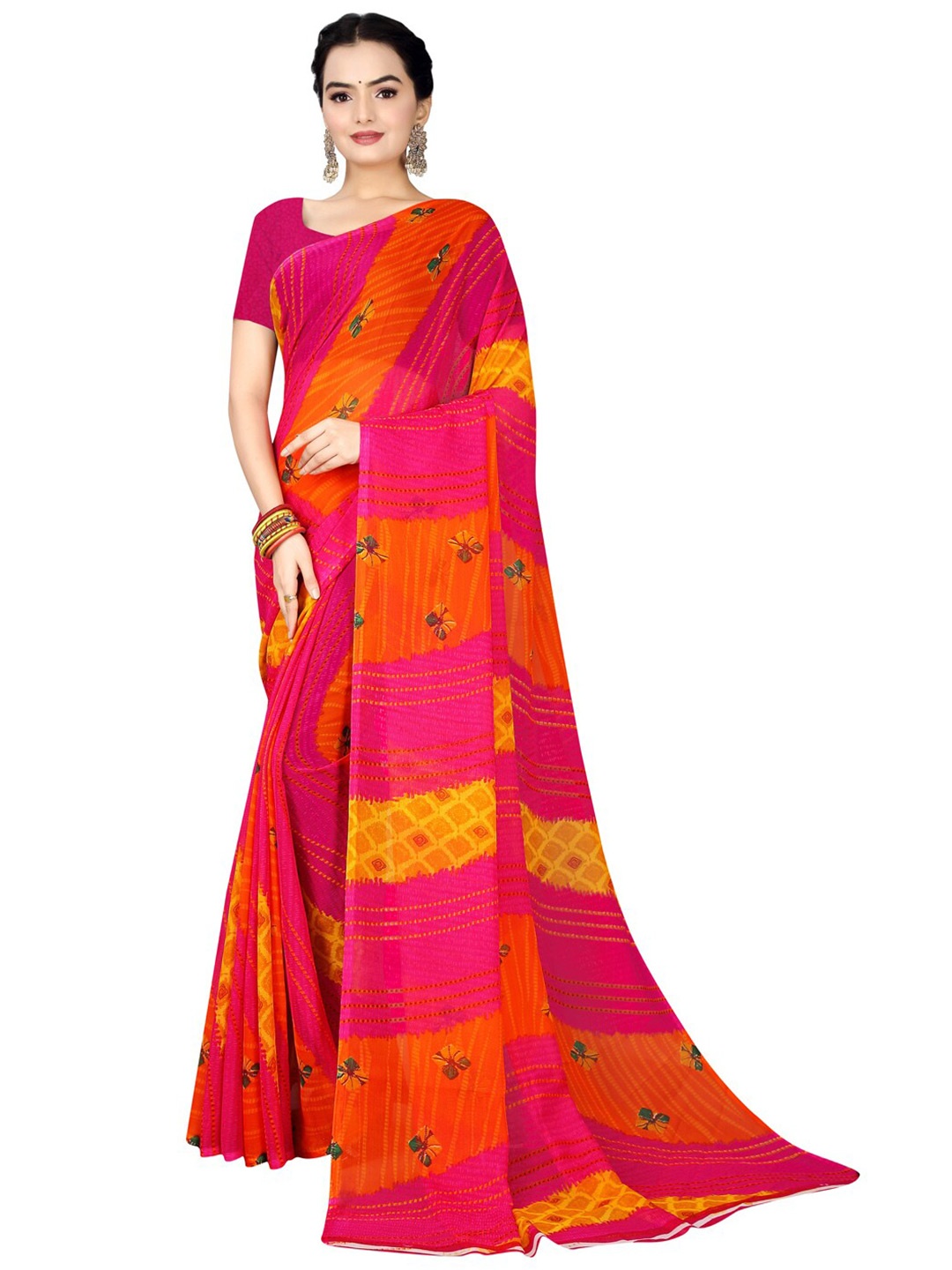 

Florence Pink & Green Bandhani Pure Georgette Bandhani Saree