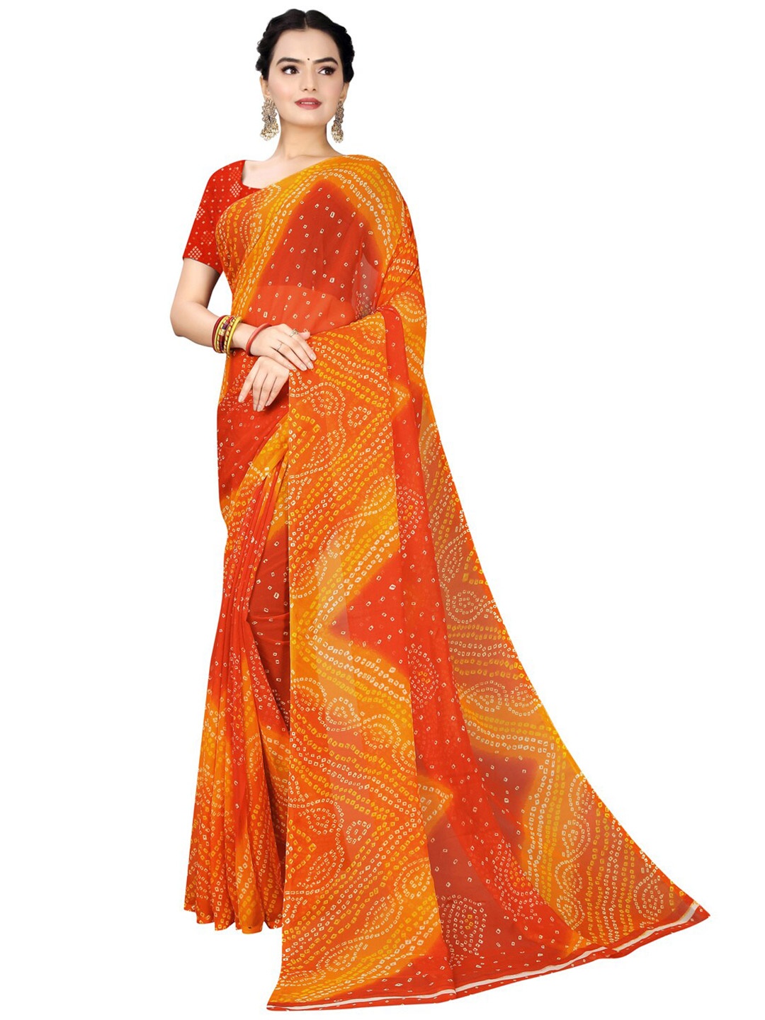 

KALINI Orange & White Bandhani Pure Georgette Bandhani Saree