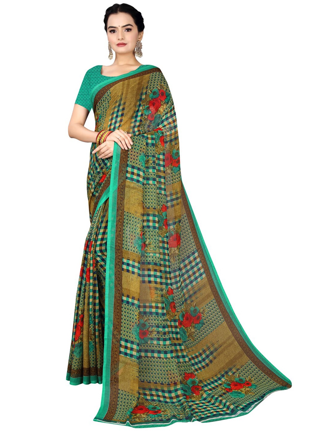 KALINI Sea Green & Red Floral Pure Georgette Bandhani Saree