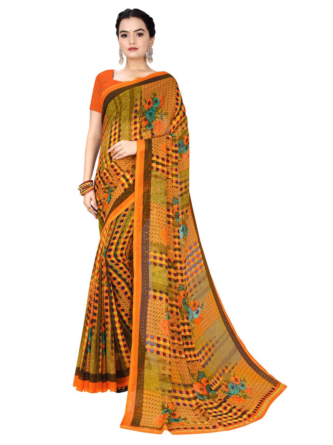 

KALINI Orange & Green Floral Pure Georgette Bandhani Saree