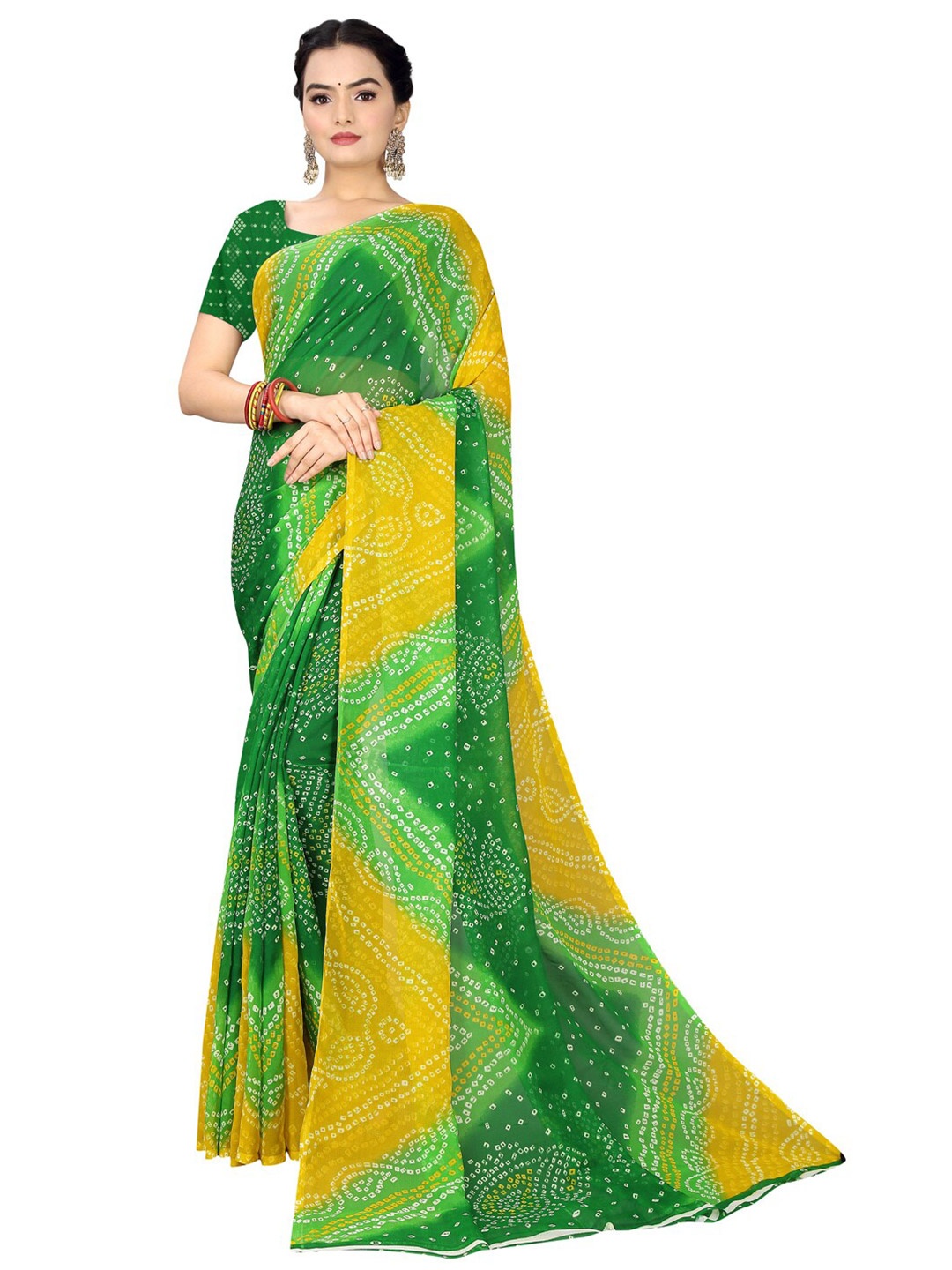 

KALINI Green & Yellow Bandhani Pure Georgette Bandhani Saree