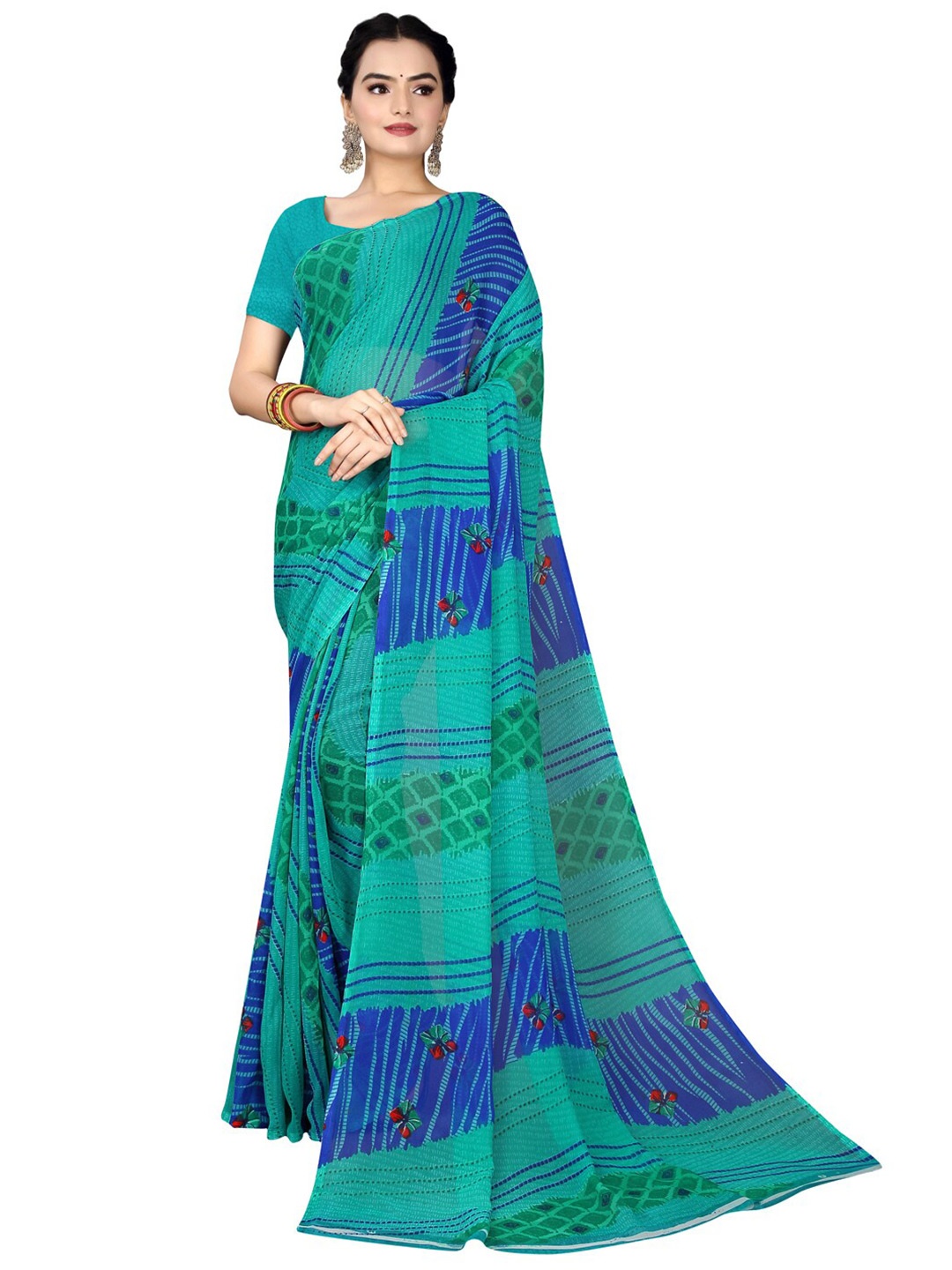 

KALINI Sea Green & Blue Bandhani Pure Georgette Bandhani Saree