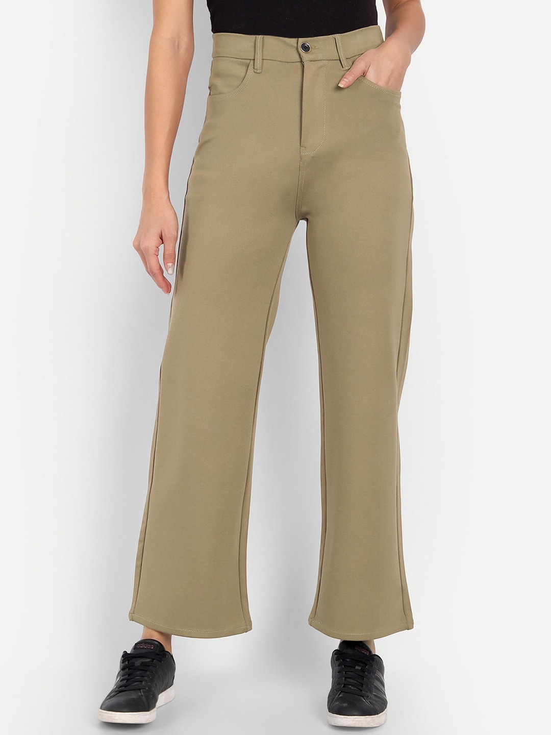 

BROADSTAR Women Beige Straight Fit High-Rise Easy Wash Trousers